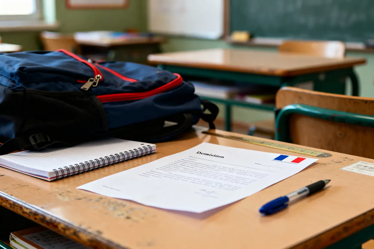 Document lettre de démission pour un lycée posé sur une table de classe avec sac