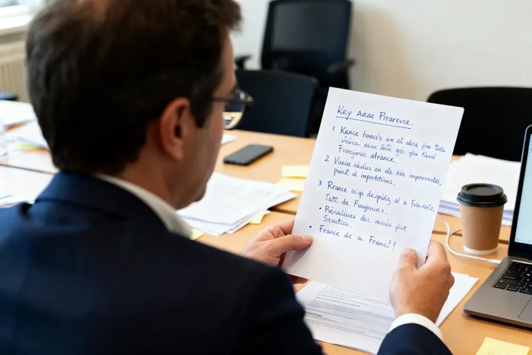 Un homme lit une liste d’axes de progrès manuscrite dans un bureau.