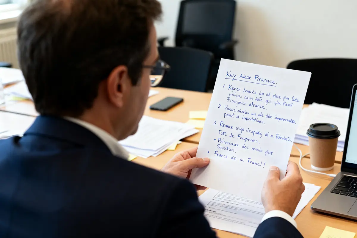 Un homme lit une liste d’axes de progrès manuscrite dans un bureau.