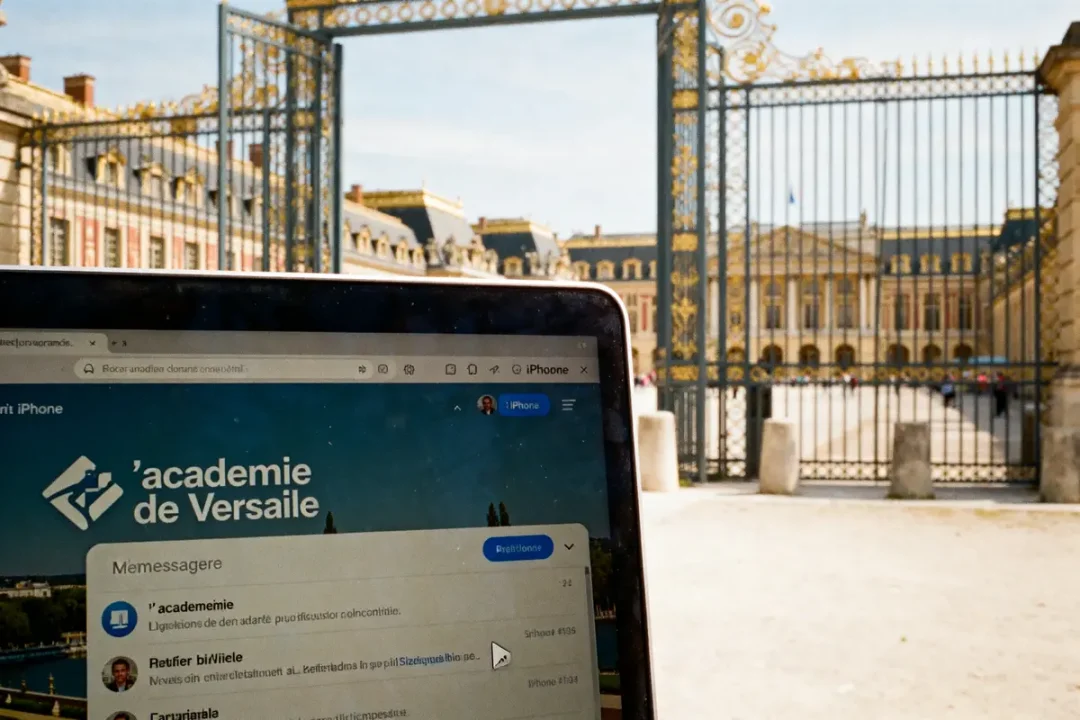 Ordinateur affichant la messagerie de l'académie de Versailles devant le château de Versailles