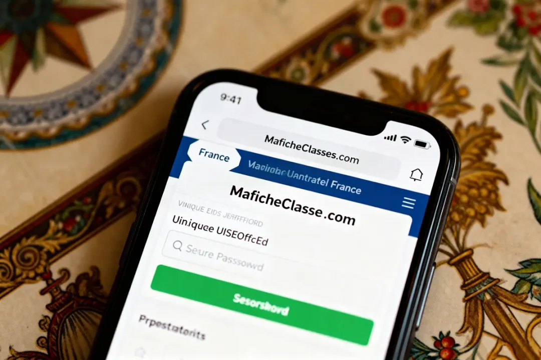 Téléphone affichant le site Maficheclasse.com avec options de connexion et localisation en France