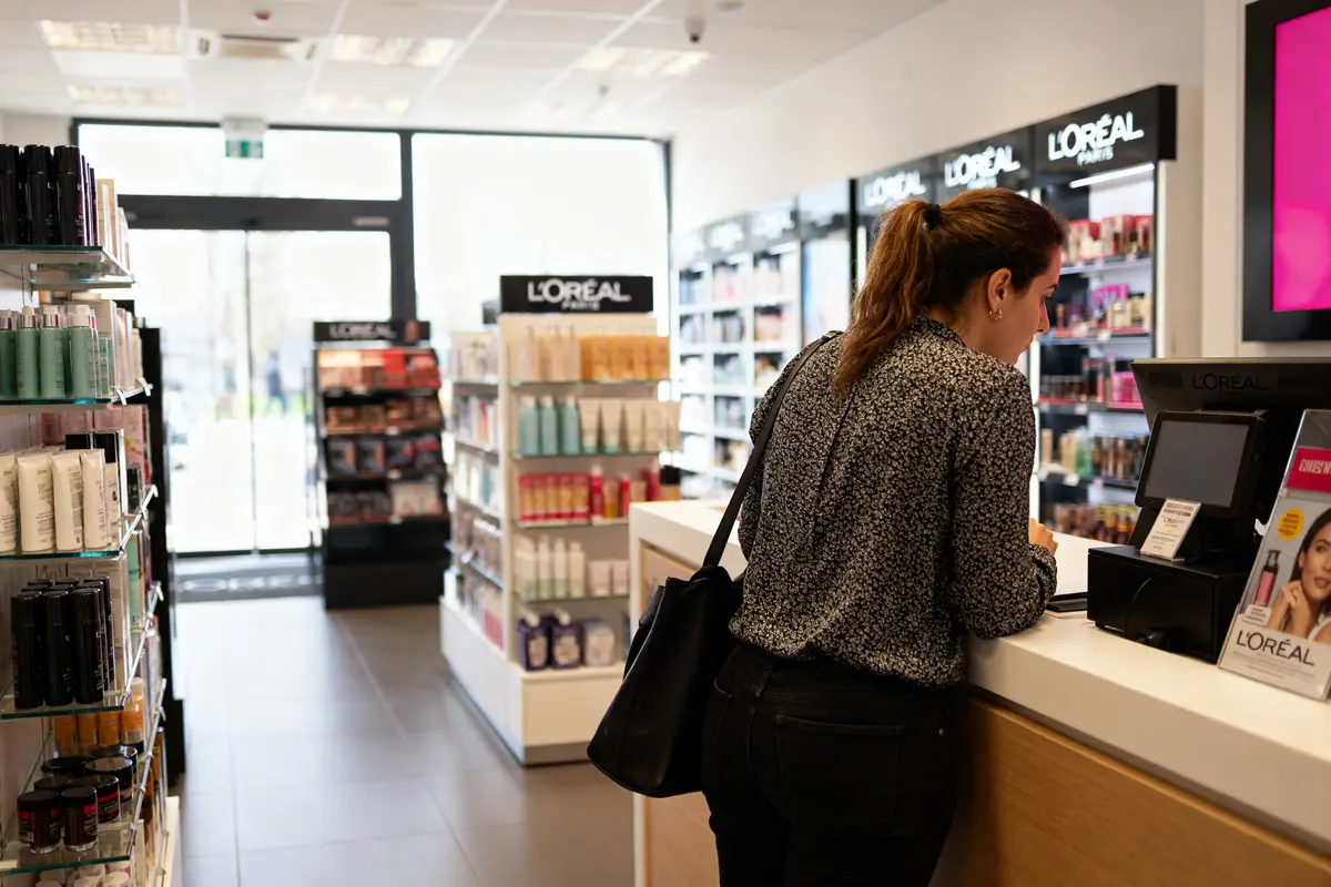 Femme achetant des produits L’Oréal dans un site de vente au personnel élégant et moderne