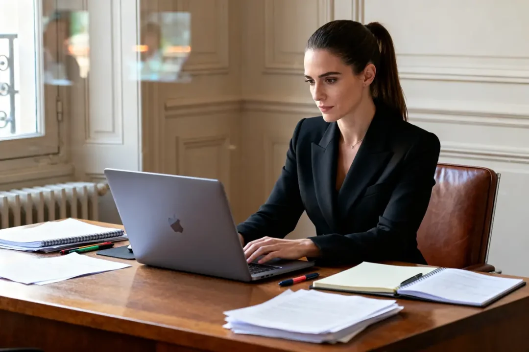 Femme travaillant sur ordinateur portable représentant le slogan d'une secrétaire indépendante efficace
