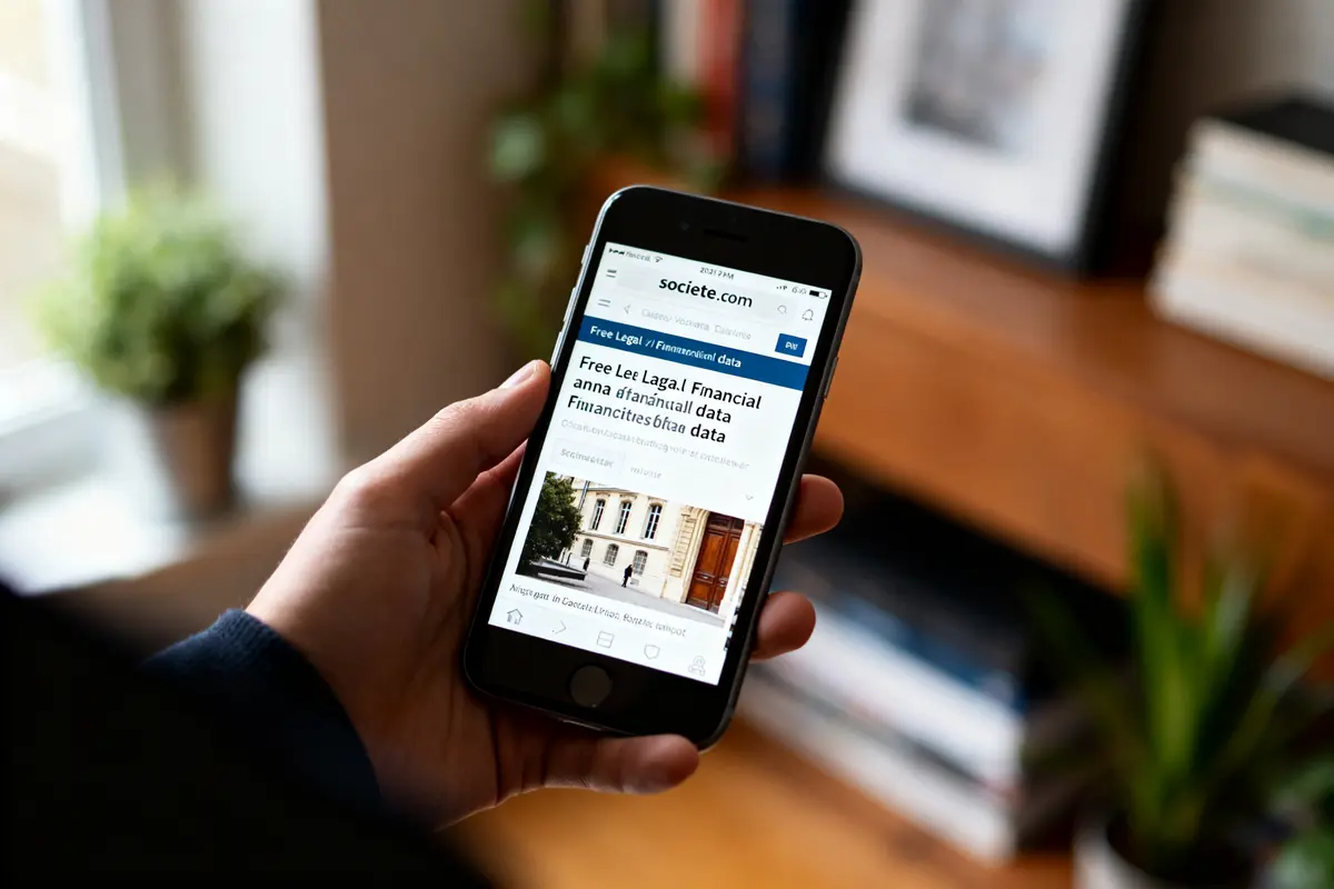 Personne consultant des données financières légales gratuitement sur societe.com au smartphone