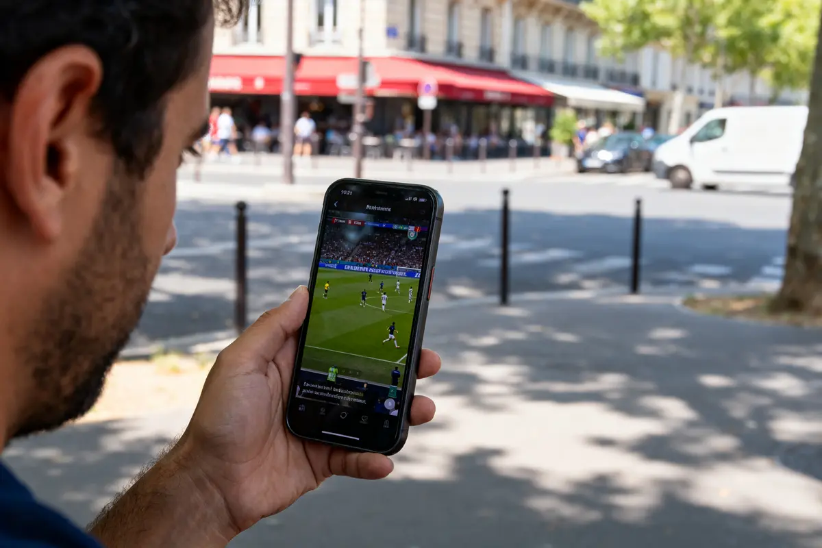 Personne regardant un match de foot sur son smartphone avec Streamonsport en ville
