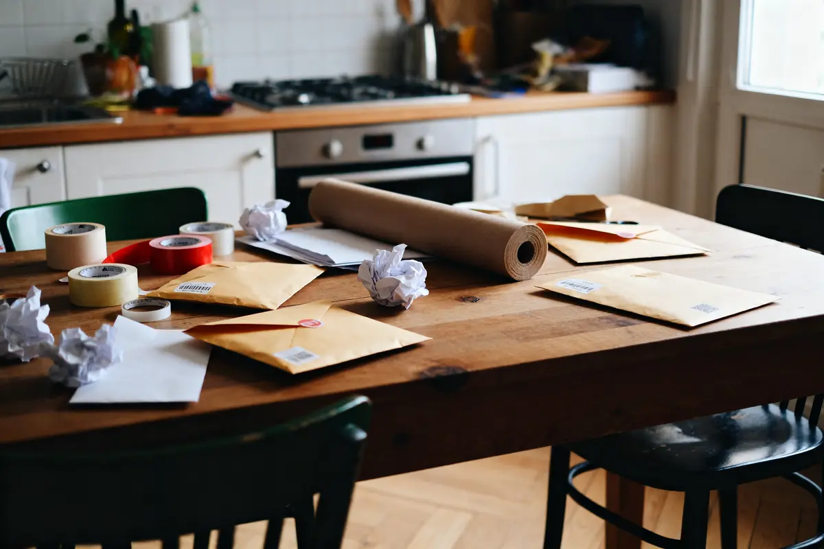 Table de cuisine avec enveloppes et matériel pour travail à domicile de mise sous pli