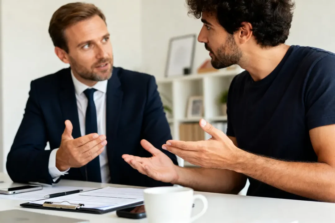 Deux hommes en discussion professionnelle autour de documents liés à une stratégie de vente.