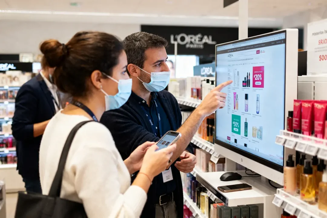 Personnes consultant des offres sur écran lors de la vente au personnel de L'Oréal