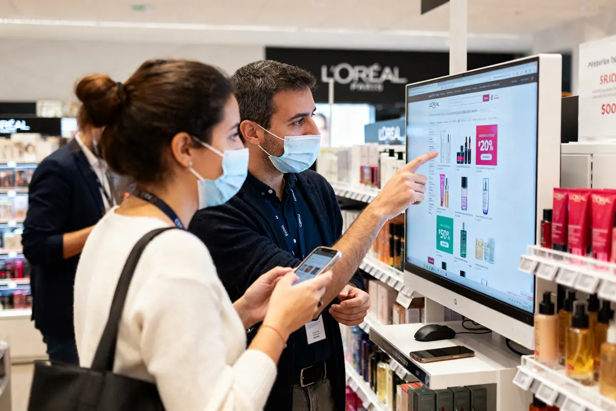 Personnes consultant des offres sur écran lors de la vente au personnel de L'Oréal