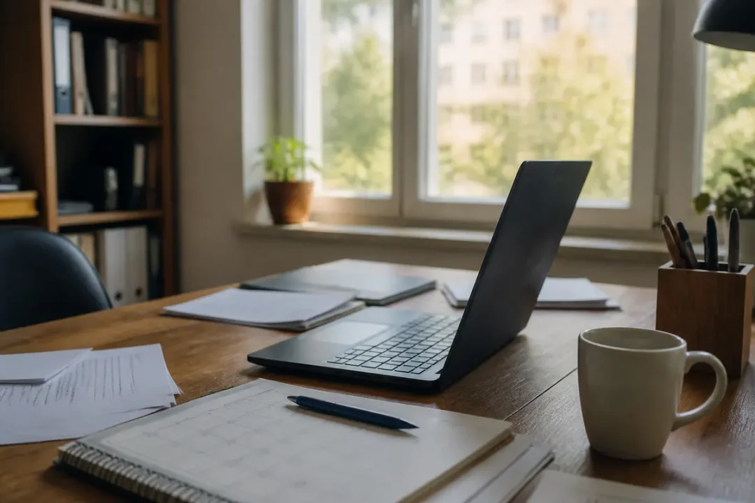 Un bureau avec ordinateur portable, cahiers, stylos et tasse, près d'une fenêtre ensoleillée.
