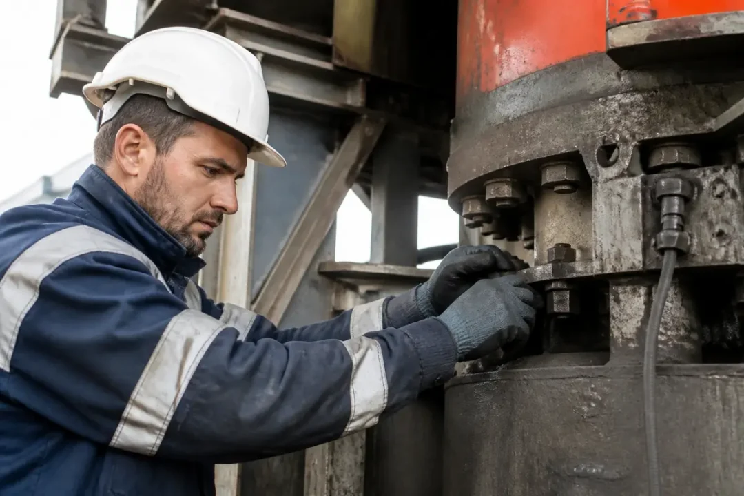 Ouvrier portant un casque, effectuant une maintenance sur une grande machine industrielle avec des outils.