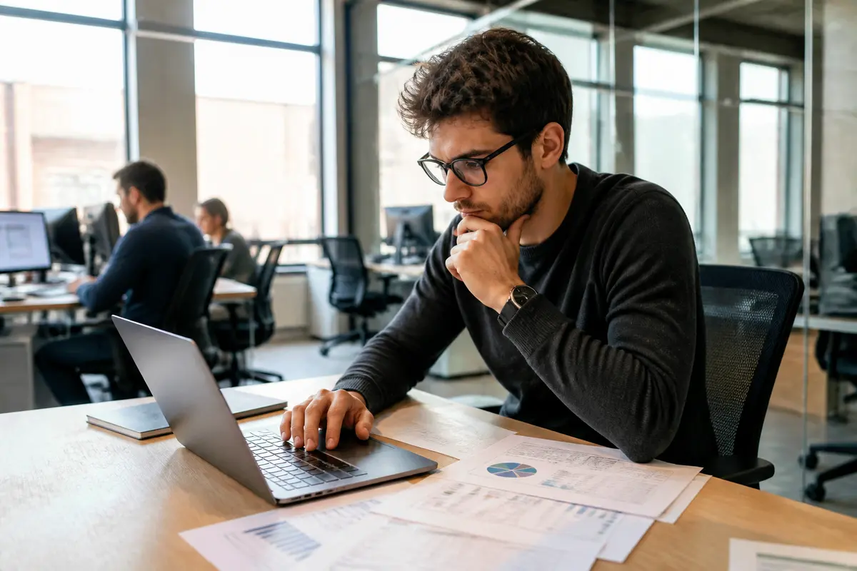 Un homme concentré travaille sur un ordinateur portable dans un bureau moderne avec des collègues autour.
