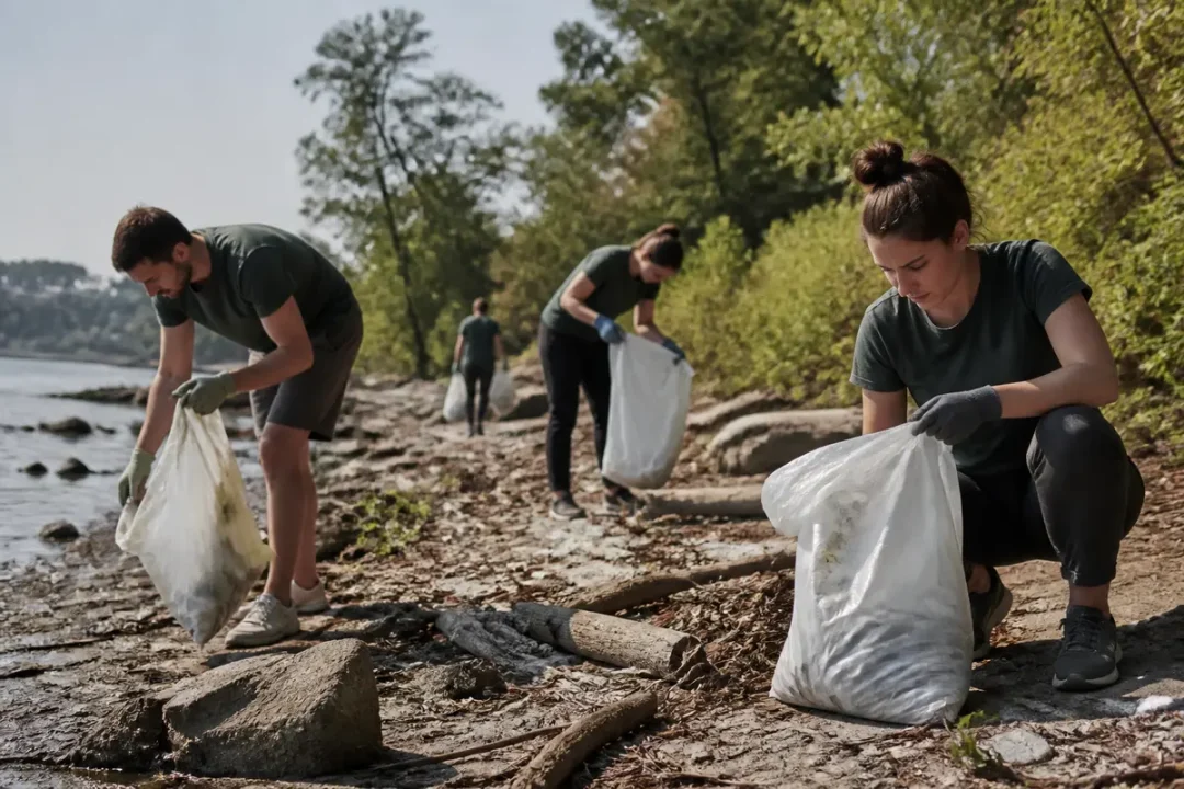 Des bénévoles ramassent des déchets sur une plage, en bord de forêt. Journée ensoleillée, sacs remplis.