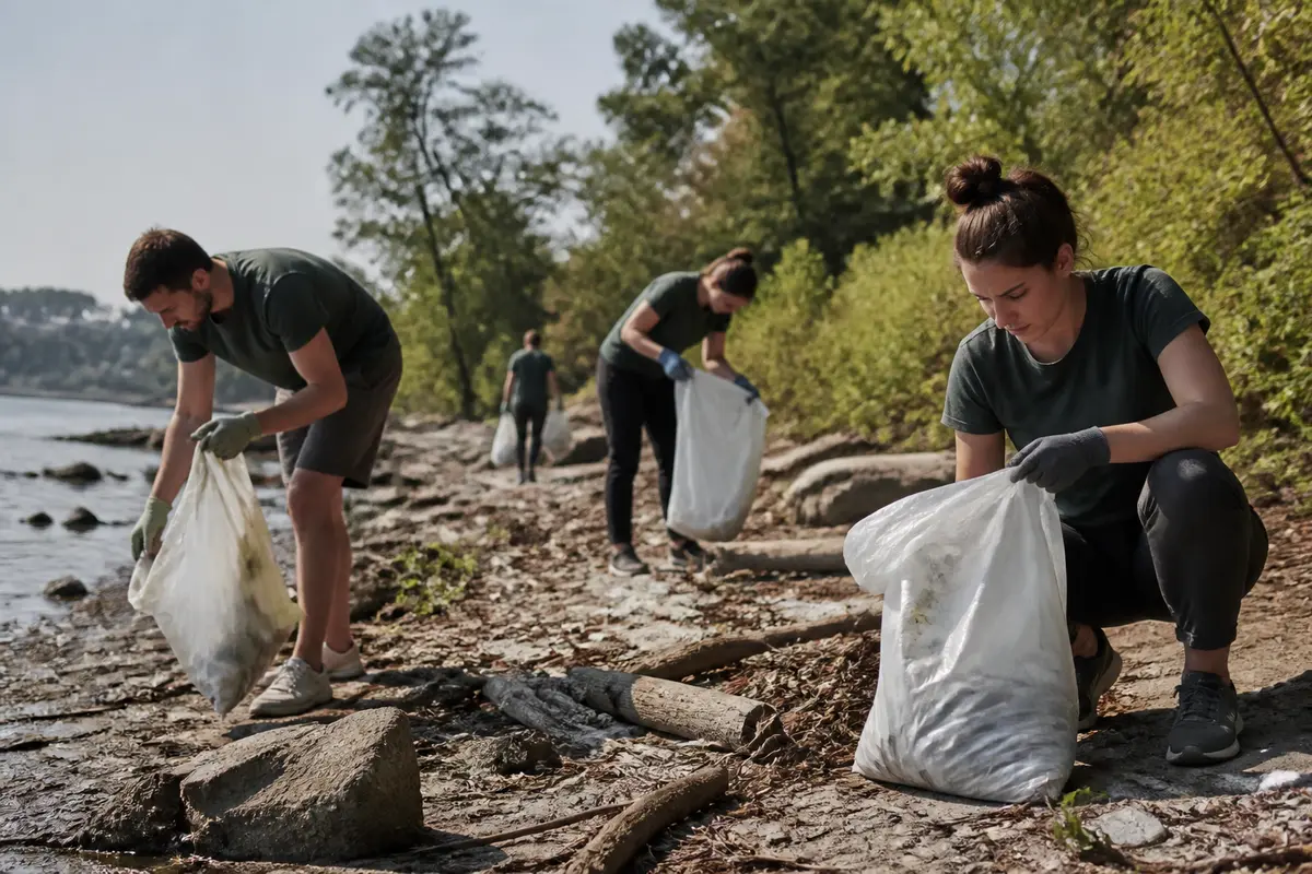 Des bénévoles ramassent des déchets sur une plage, en bord de forêt. Journée ensoleillée, sacs remplis.