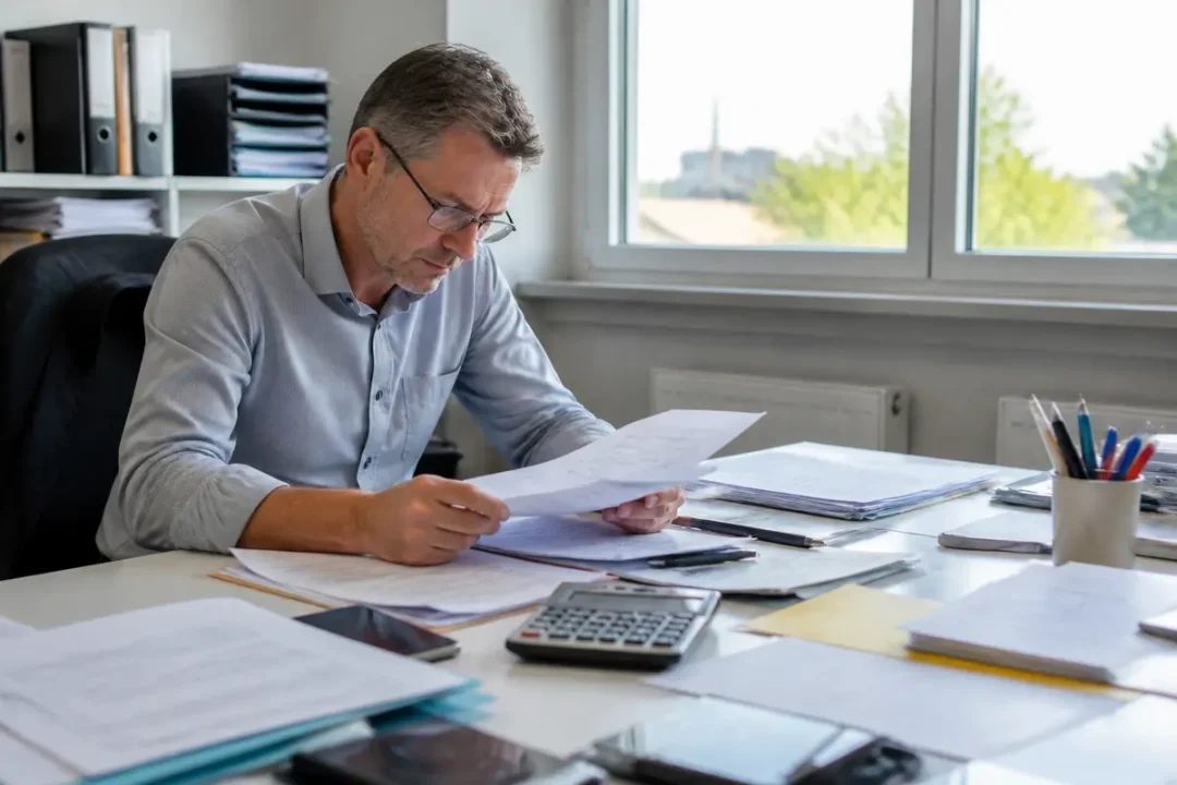 Un homme au bureau lisant des documents, avec calculatrice, stylos et fenêtres en arrière-plan.