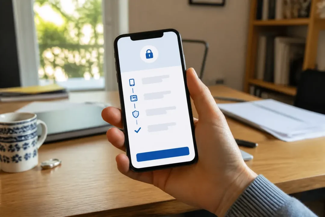 Une main tient un smartphone affichant une application sécurisée, bureau en arrière-plan avec ordinateur portable.