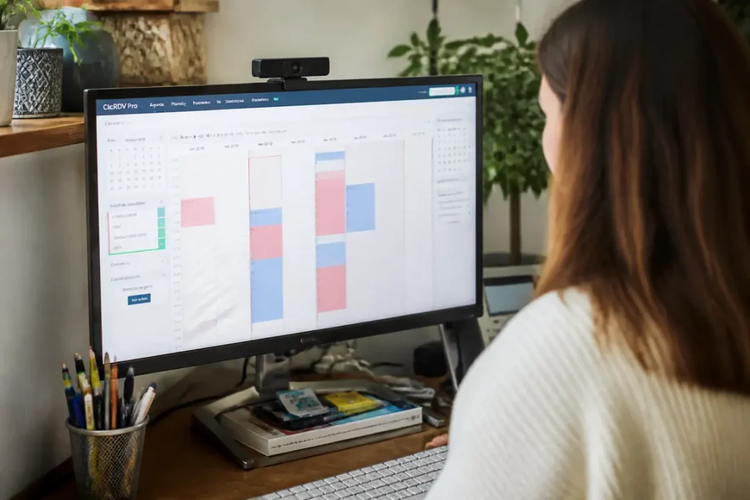 Femme utilisant un ordinateur avec un logiciel de gestion de calendrier, accompagnée de plantes et fournitures de bureau.