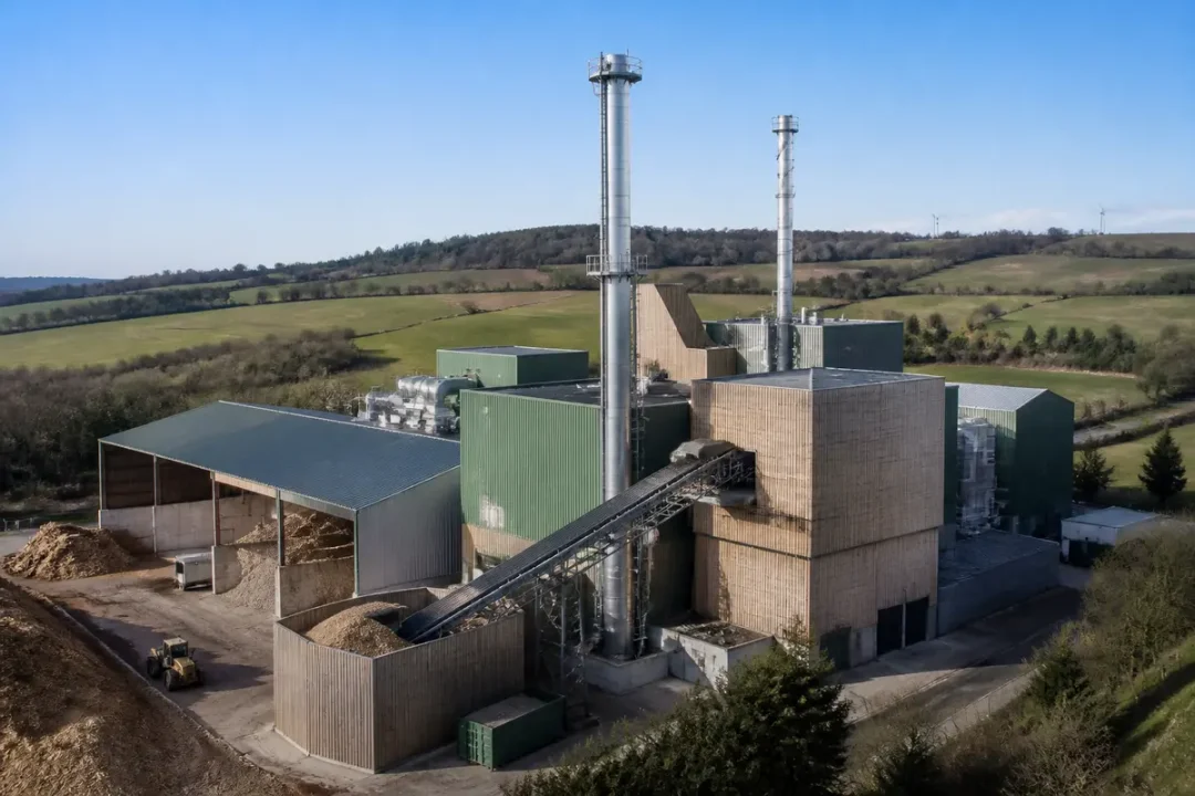 Usine de biomasse entourée de collines verdoyantes par temps ensoleillé, cheminées industrielles visibles.