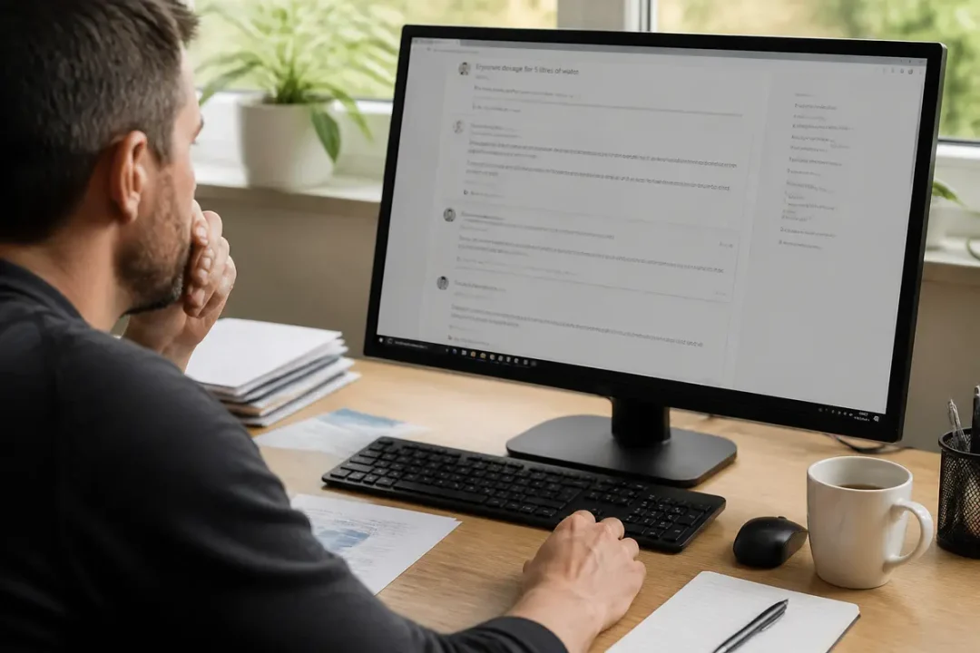 Un homme assis devant un ordinateur avec clavier, écran, documents, tasse et plante à proximité.
