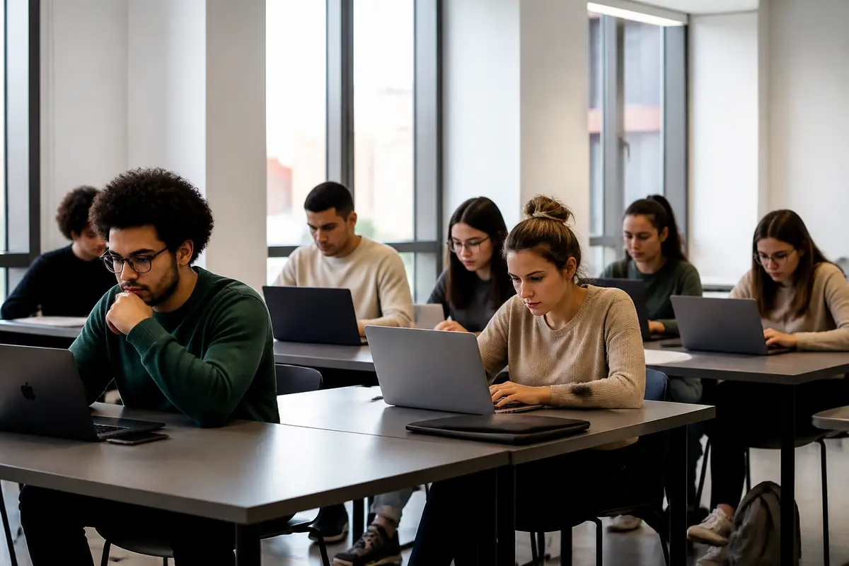 Étudiants concentrés travaillant sur des ordinateurs portables dans une salle de classe moderne et lumineuse.