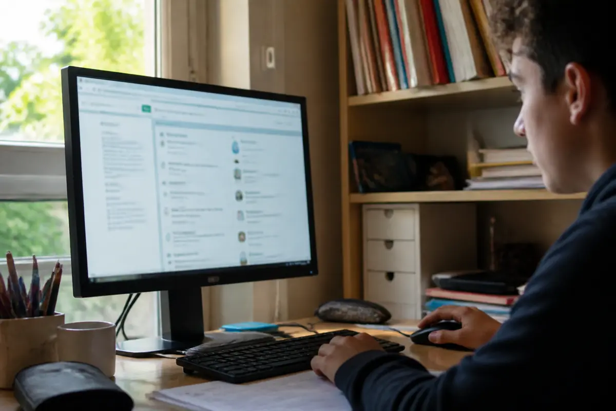 Un homme travaille sur ordinateur devant une fenêtre, environnement de bureau avec étagères.