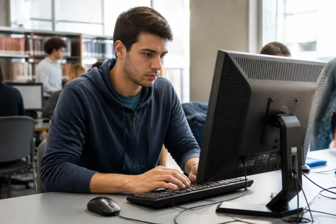 Jeune homme concentré travaillant sur ordinateur dans une bibliothèque moderne avec d'autres étudiants en arrière-plan.