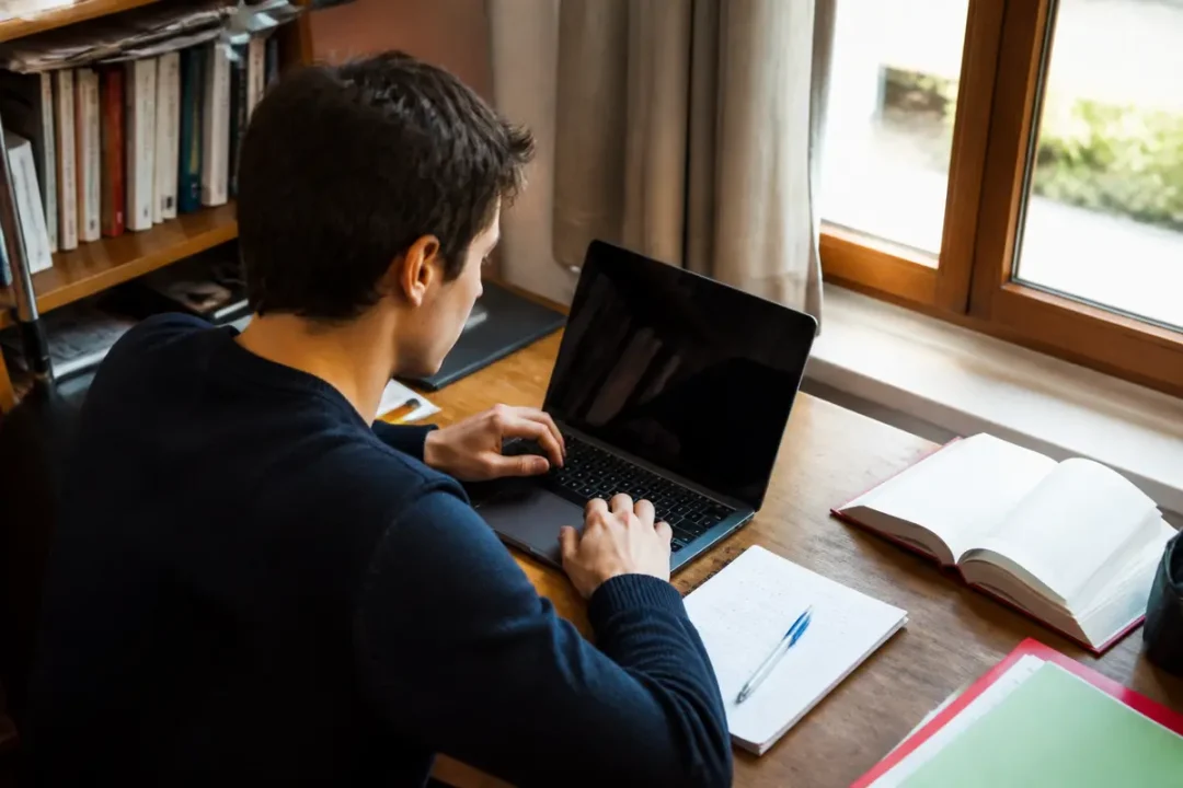 Un homme travaille sur un ordinateur portable à un bureau, près d'une fenêtre, avec des livres ouverts.