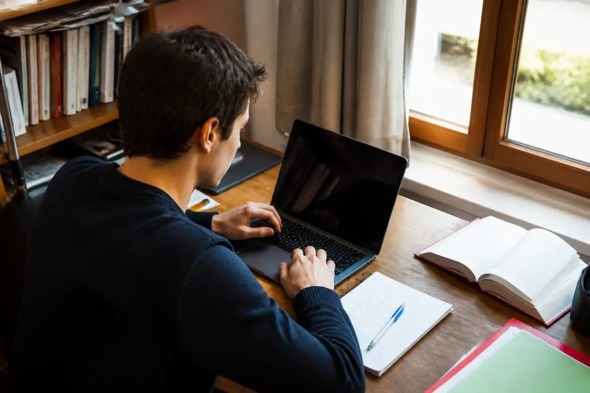 Un homme travaille sur un ordinateur portable à un bureau, près d'une fenêtre, avec des livres ouverts.