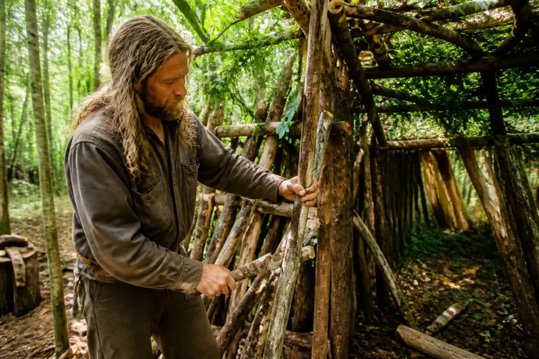 Homme construisant une structure en bois dans une forêt verdoyante, vêtu de vêtements de travail marron.