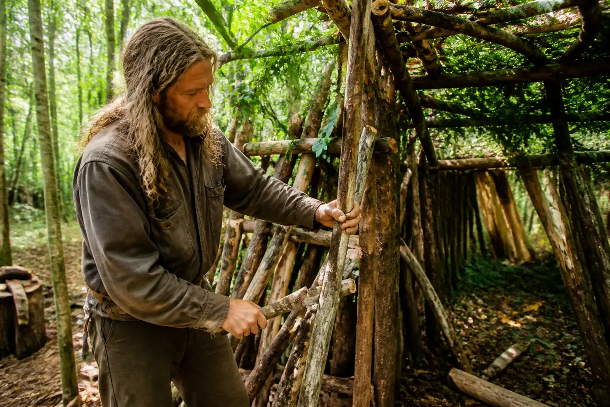 Homme construisant une structure en bois dans une forĂŞt verdoyante, vĂŞtu de vĂŞtements de travail marron.