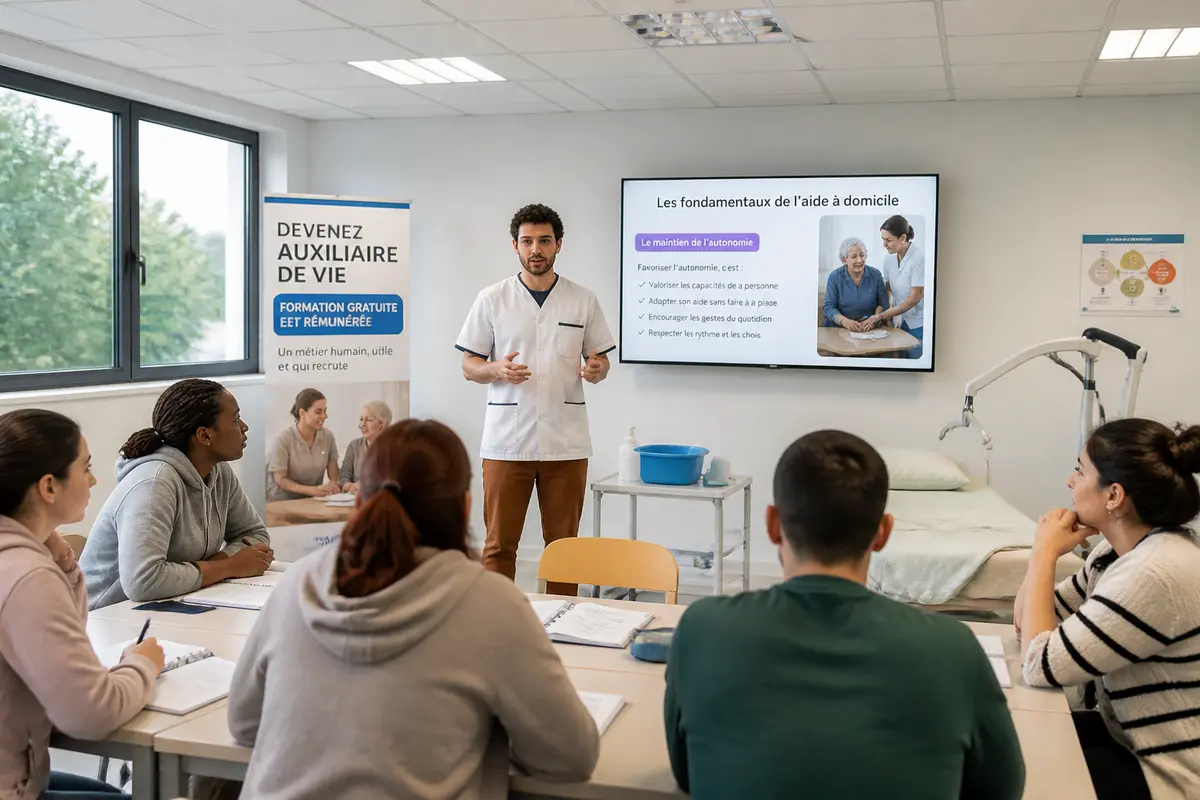Formation d'auxiliaires de vie, salle de classe, instructeur, participants attentifs, tableau d’apprentissage, affiches informatives.