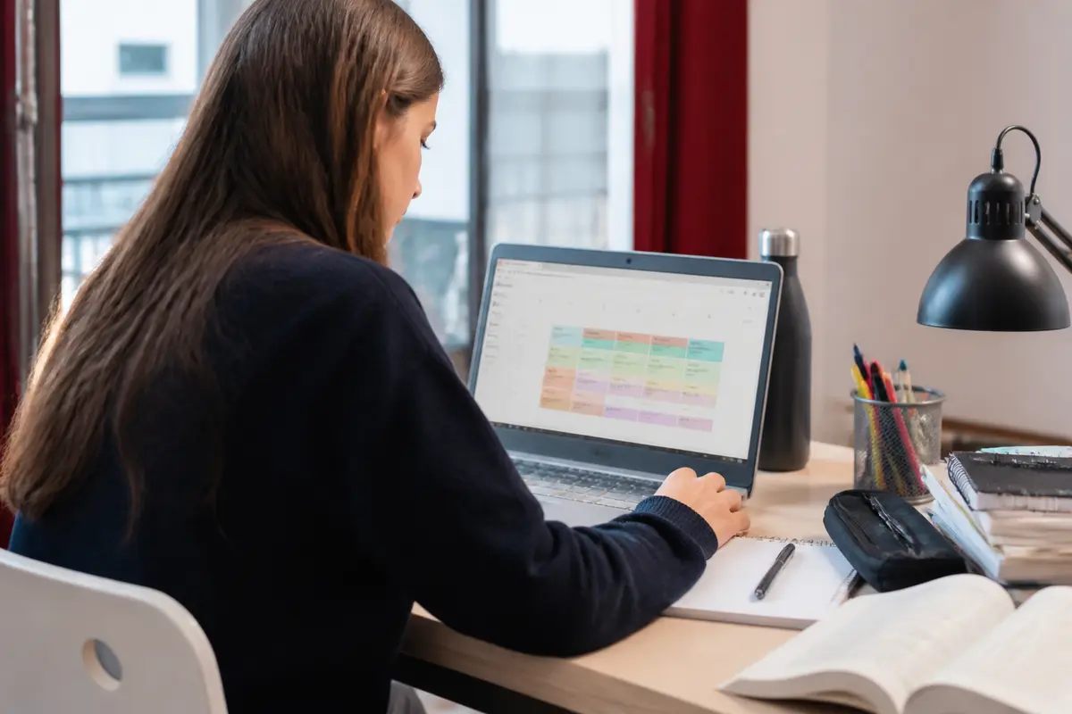 Jeune femme travaillant sur ordinateur portable avec calendrier, bureau organisé, livres et fournitures visibles.