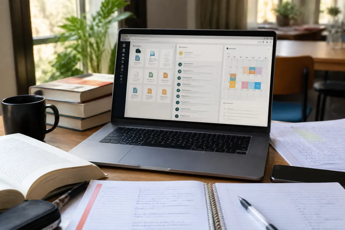 Ordinateur portable affichant des applications et un calendrier, entouré de livres, cahiers et tasse noire.