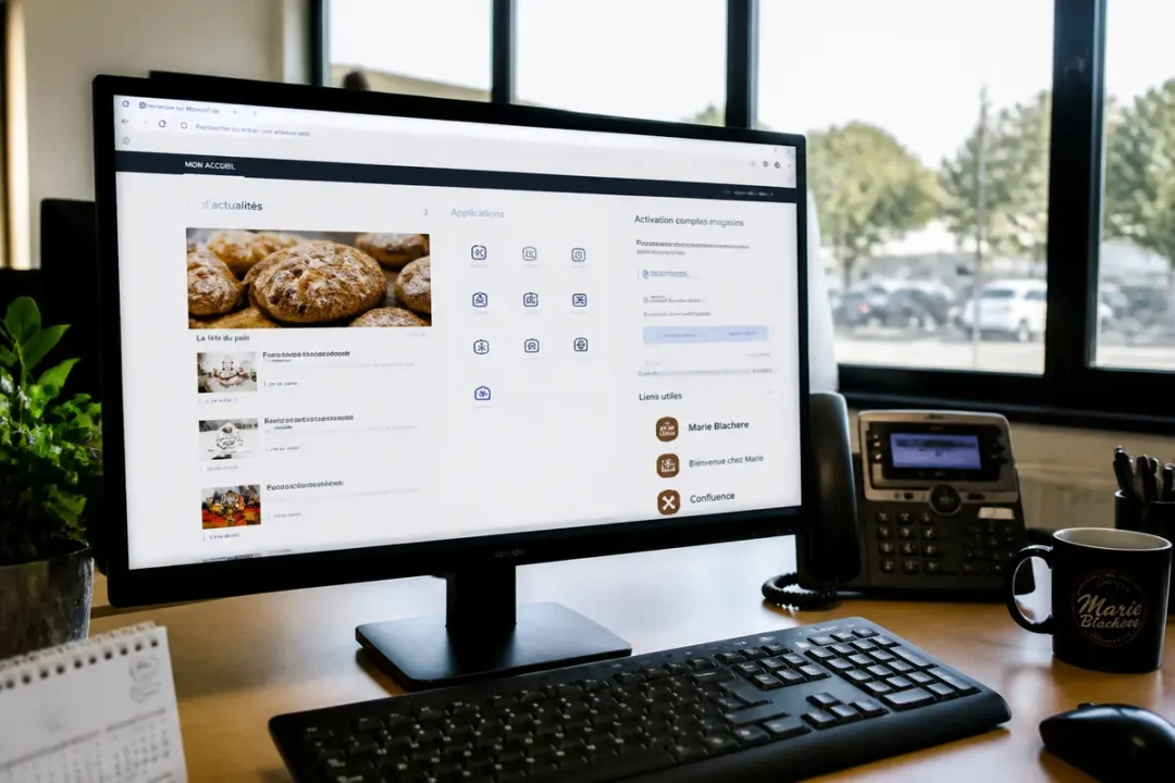 Un bureau avec ordinateur affichant un site d'actualités, téléphone, plante et tasse de café.