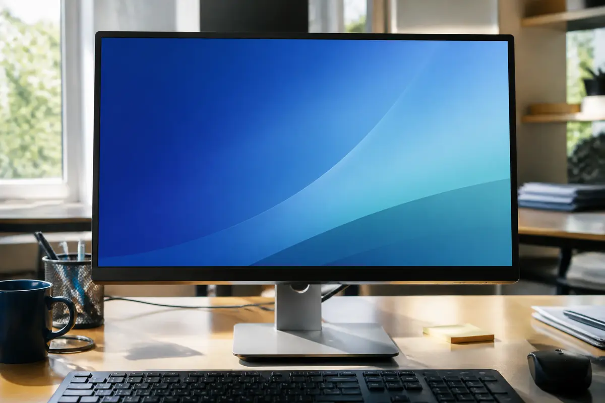 Écran d'ordinateur sur bureau ensoleillé, avec clavier, tasse et notes, bureau moderne.