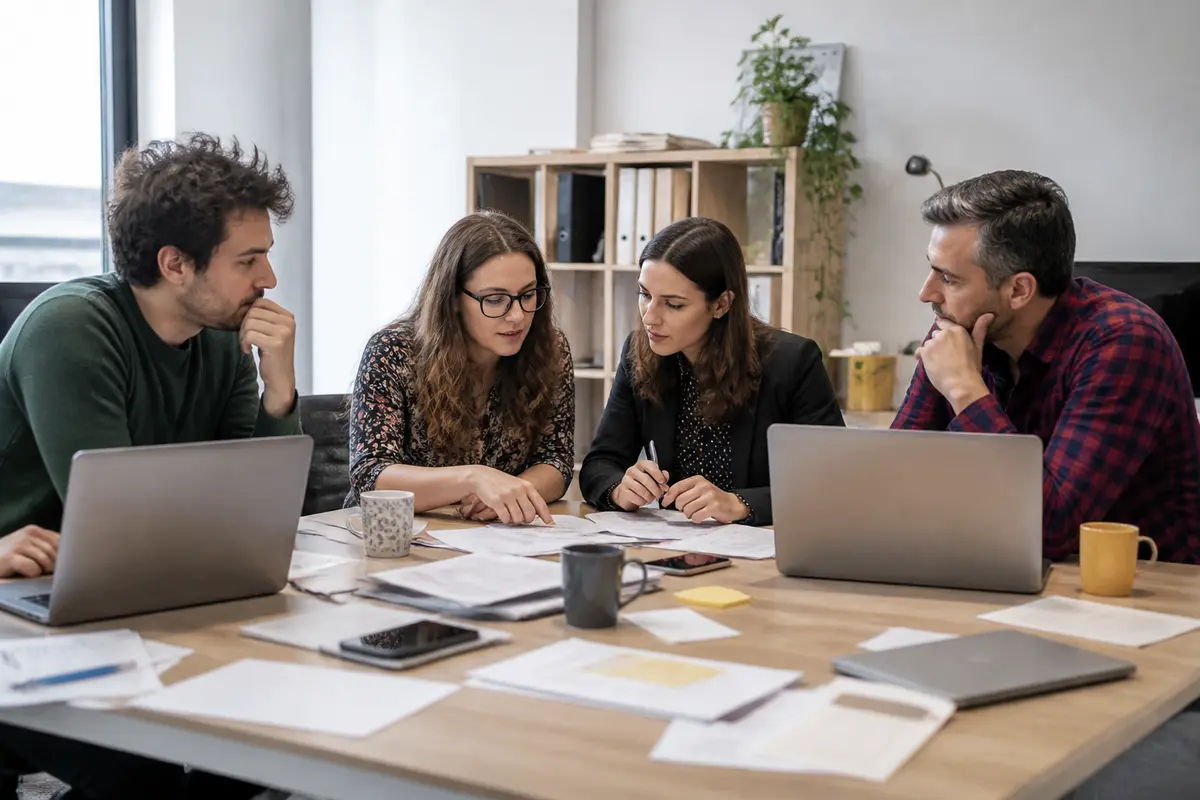 Quatre personnes discutant autour d'une table de travail avec ordinateurs et documents dans un bureau moderne.