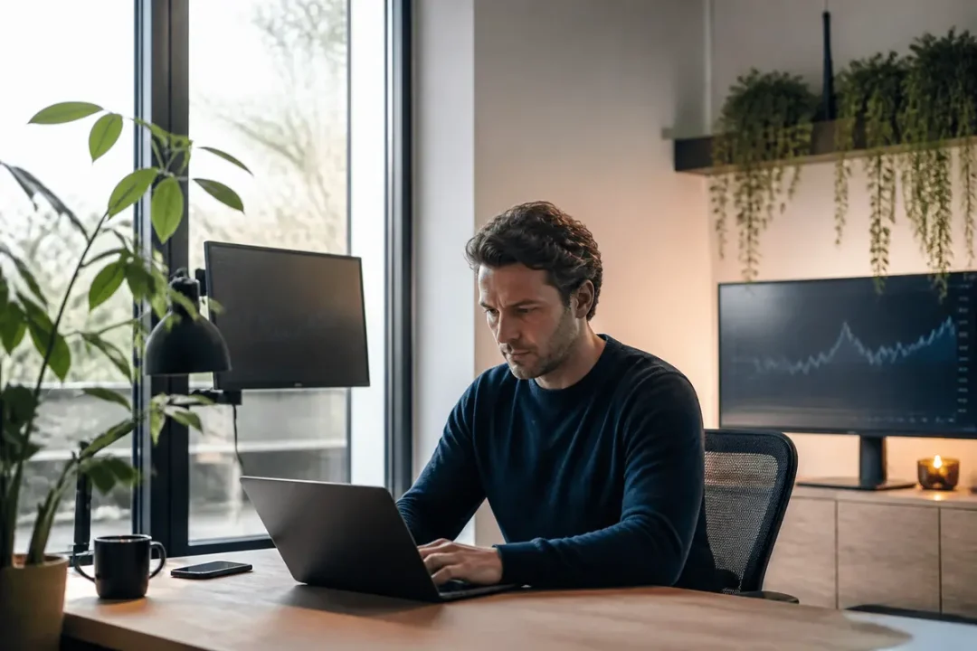 Un homme concentre travaillant sur un ordinateur portable dans un bureau moderne, avec plantes et écrans supplémentaires.