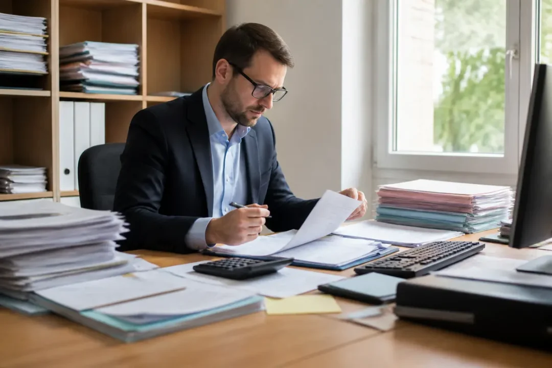 Un homme en costume lit des documents à son bureau, entouré de dossiers empilés.