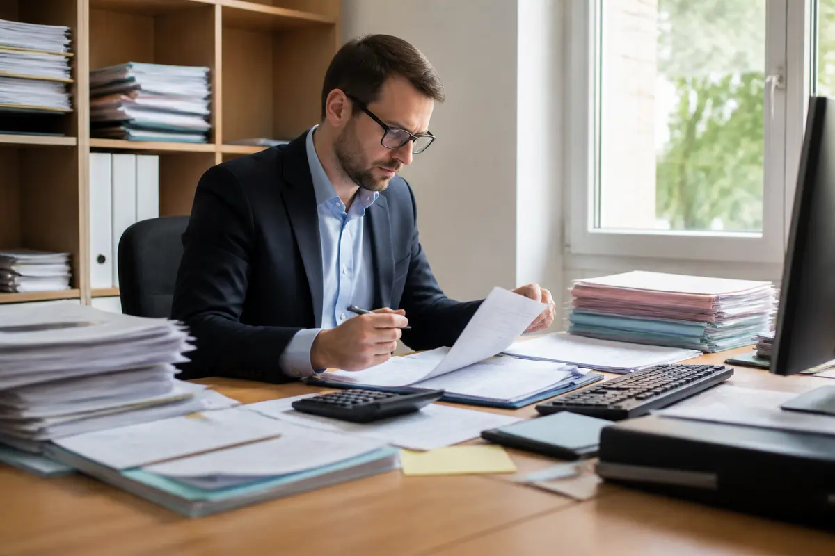 Un homme en costume lit des documents à son bureau, entouré de dossiers empilés.
