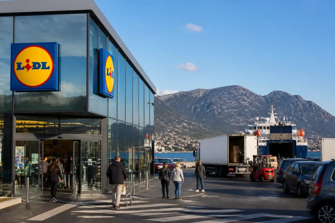 Supermarché Lidl près d'un port avec montagnes en arrière-plan, camions et clients, ciel bleu.