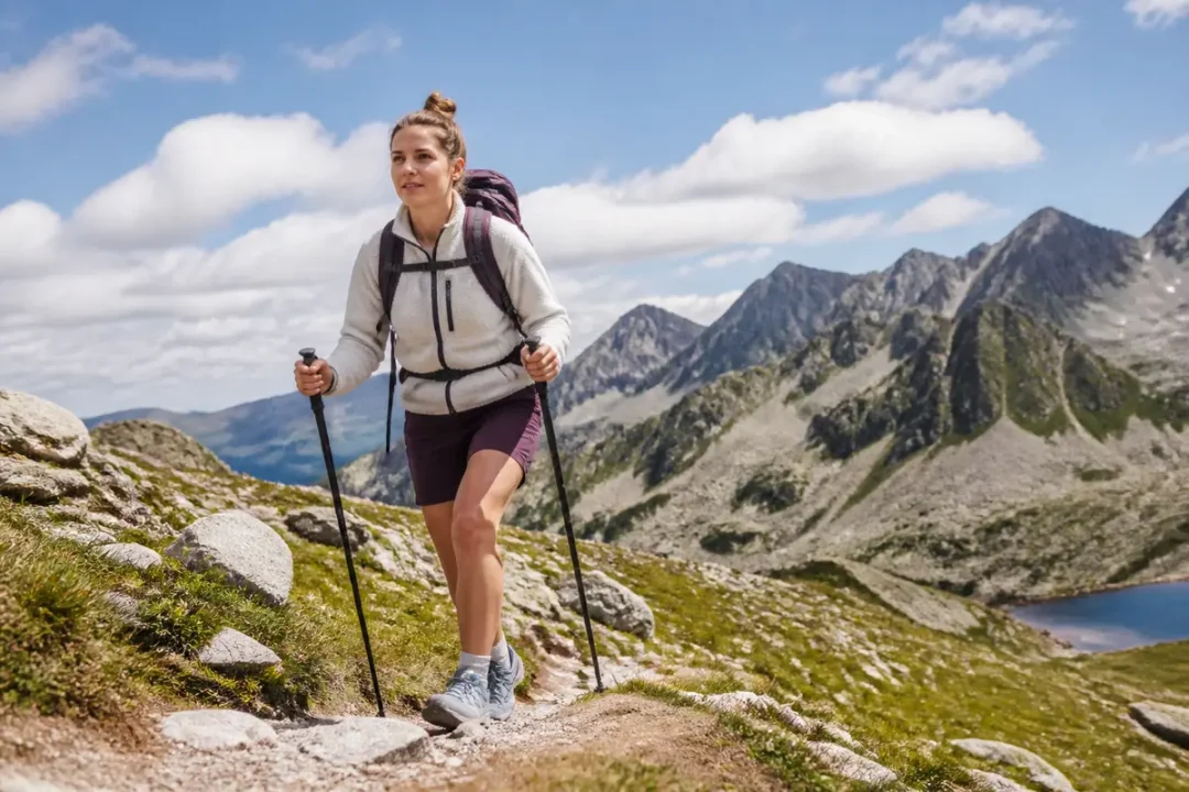 Une femme randonne en montagne, utilisant des bâtons de marche, sous un ciel bleu avec quelques nuages.