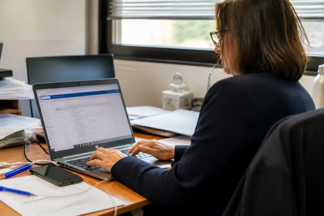 Femme travaillant sur ordinateur portable dans un bureau, entourée de documents et d'un téléphone portable.