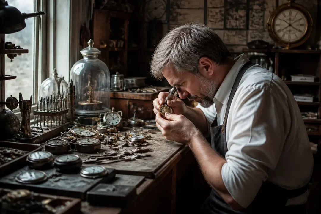 Homme concentré répare montre ancienne dans atelier horloger encombré, outils et pièces visibles.