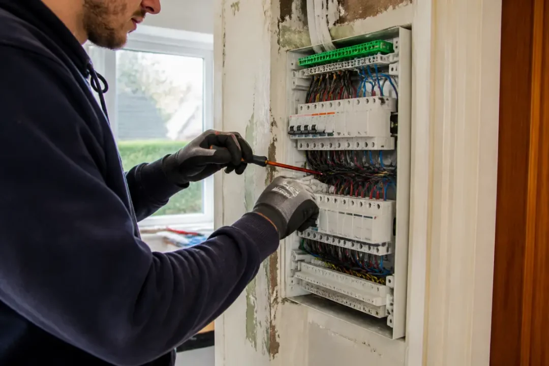 Un électricien répare un tableau électrique complexe, entouré de câbles colorés, à l'intérieur d'une maison.