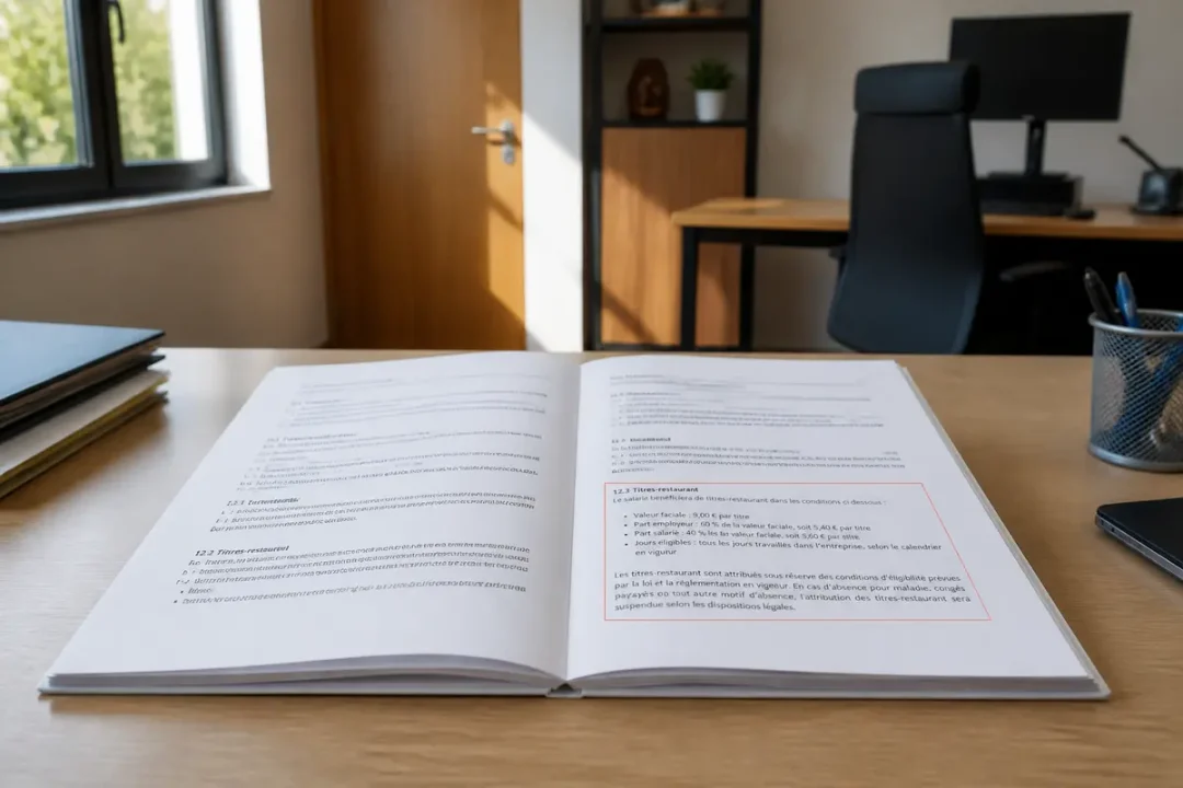 Un bureau avec un document ouvert sur une table en bois, fond flou avec fenêtre et étagère.