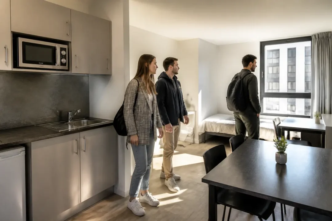 Trois personnes visitent un appartement lumineux avec cuisine, table, et lit près d'une grande fenêtre.
