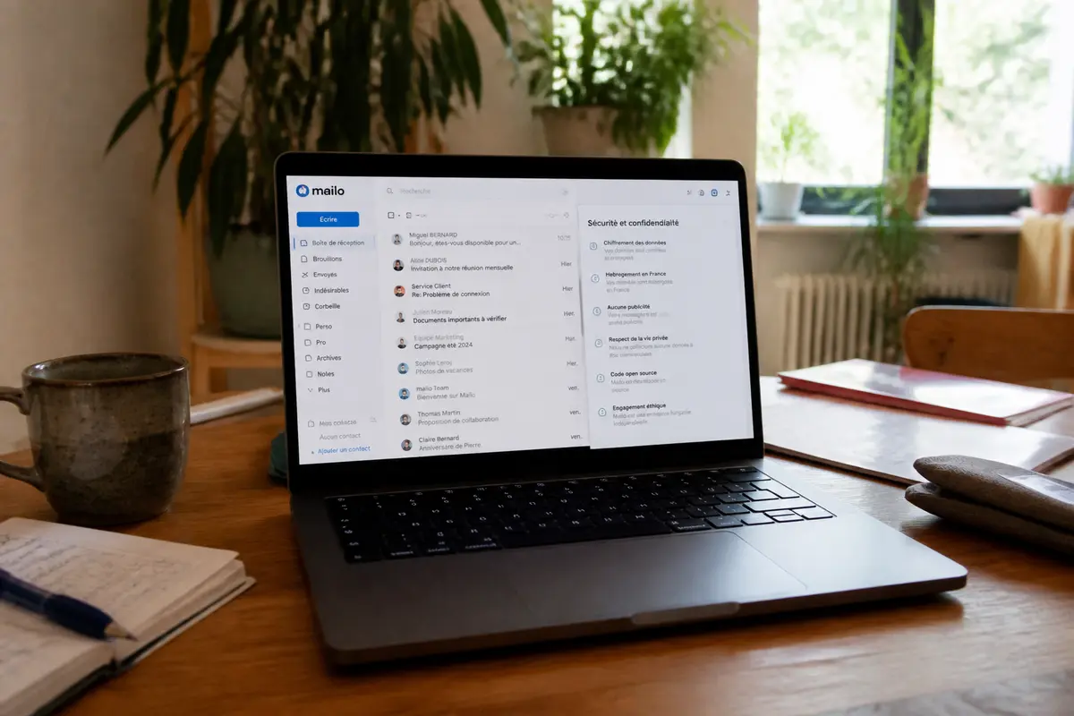 Ordinateur portable affichant une messagerie électronique sur un bureau, avec carnet et plante en arrière-plan.