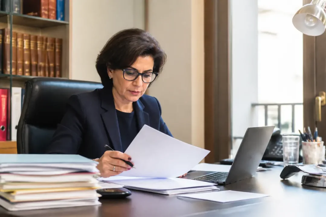 Une femme au bureau examine des documents, entourée de livres et travaillant sur un ordinateur portable.