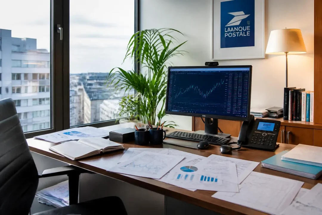Bureau avec ordinateur, graphiques financiers sur écran, documents éparpillés, plante verte, vue urbaine par fenêtre.
