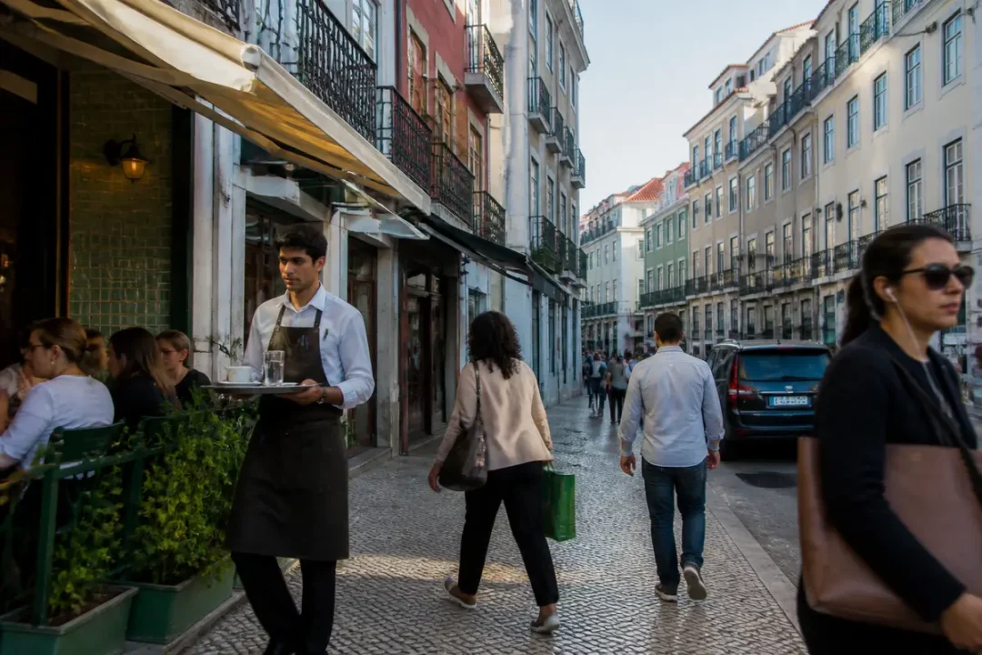 Serveur portant un plateau traverse rue animée bordée de bâtiments historiques, piétons et terrasse de café.